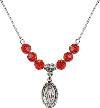 18" Rhodium Plated Necklace with 4mm Ruby Crystal Beads featuring a Sterling Silver Miraculous Medal.
