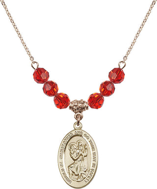 18" Hamilton Gold Plated Necklace with 4mm Ruby Crystal Beads featuring a 14kt Gold Filled Saint Christopher Medal. Engraved Catholic Saint Jewelry
