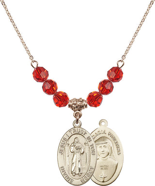 18" Hamilton Gold Plated Necklace with 4mm Ruby Crystal Beads featuring a 14kt Gold Filled Divine Mercy Medal.