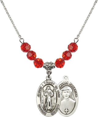 18" Rhodium Plated Necklace with 4mm Ruby Crystal Beads featuring a Sterling Silver Divine Mercy Medal.