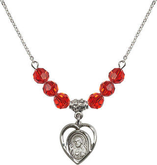18" Rhodium Plated Necklace with 4mm Ruby Crystal Beads featuring a Sterling Silver Scapular Medal.