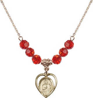 18" Hamilton Gold Plated Necklace with 4mm Ruby Crystal Beads featuring a 14kt Gold Filled Saint Jude Medal.