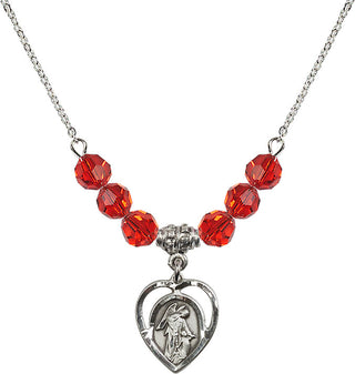 18" Rhodium Plated Necklace with 4mm Ruby Crystal Beads featuring a Sterling Silver Guardian Angel Medal.
