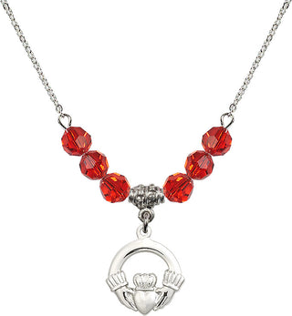 18" Rhodium Plated Necklace with 4mm Ruby Crystal Beads featuring a Sterling Silver Claddagh Medal.