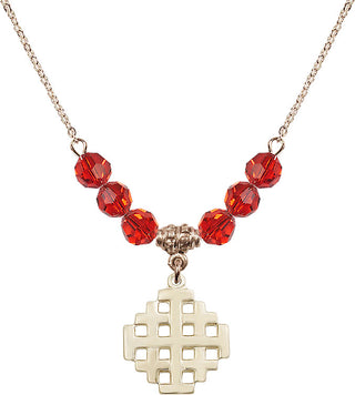 18" Hamilton Gold Plated Necklace with 4mm Ruby Crystal Beads featuring a 14kt Gold Filled Jerusalem Cross Medal.