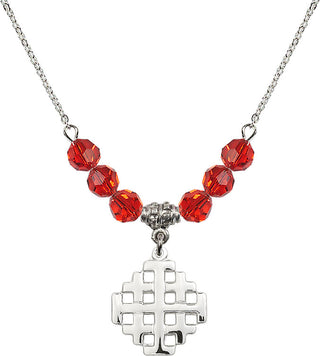 18" Rhodium Plated Necklace with 4mm Ruby Crystal Beads featuring a Sterling Silver Jerusalem Cross Medal.