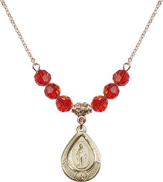 18" Hamilton Gold Plated Necklace with 4mm Ruby Crystal Beads featuring a 14kt Gold Filled Miraculous Medal.