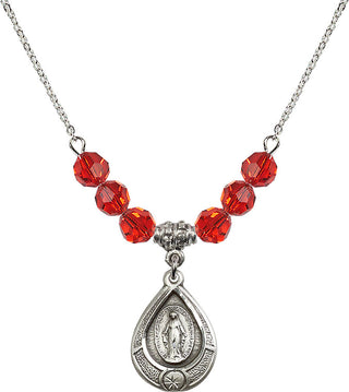 18" Rhodium Plated Necklace with 4mm Ruby Crystal Beads featuring a Sterling Silver Miraculous Medal.