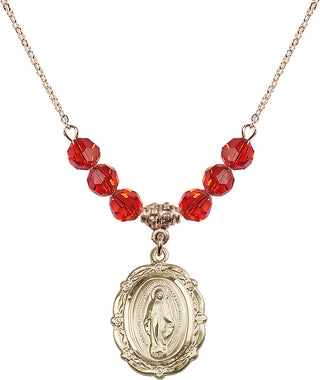 18" Hamilton Gold Plated Necklace with 4mm Ruby Crystal Beads featuring a 14kt Gold Filled Miraculous Medal.