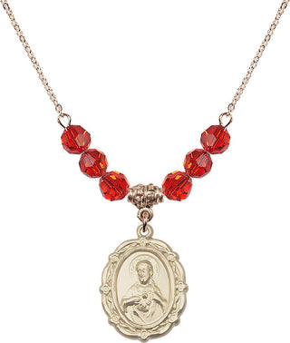 18" Hamilton Gold Plated Necklace with 4mm Ruby Crystal Beads featuring a 14kt Gold Filled Scapular Medal.
