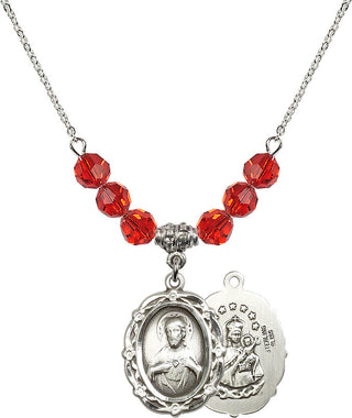 18" Rhodium Plated Necklace with 4mm Ruby Crystal Beads featuring a Sterling Silver Scapular Medal.