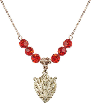 18" Hamilton Gold Plated Necklace with 4mm Ruby Crystal Beads featuring a 14kt Gold Filled Communion Medal.