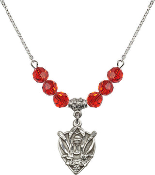 18" Rhodium Plated Necklace with 4mm Ruby Crystal Beads featuring a Sterling Silver Communion Medal.