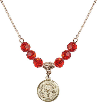 18" Hamilton Gold Plated Necklace with 4mm Ruby Crystal Beads featuring a 14kt Gold Filled Communion Chalice Medal.