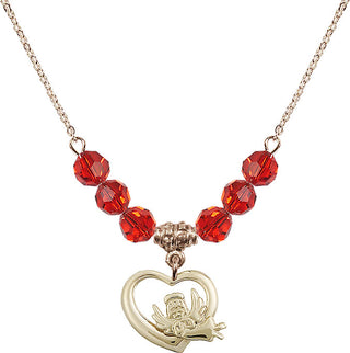 18" Hamilton Gold Plated Necklace with 4mm Ruby Crystal Beads featuring a 14kt Gold Filled Heart / Guardian Angel Medal.