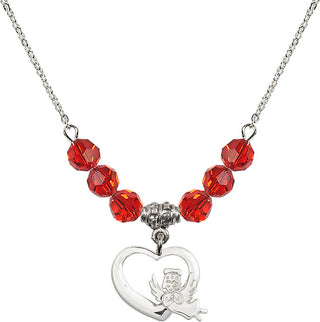 18" Rhodium Plated Necklace with 4mm Ruby Crystal Beads featuring a Sterling Silver Heart / Guardian Angel Medal.