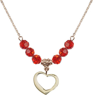 18" Hamilton Gold Plated Necklace with 4mm Ruby Crystal Beads featuring a 14kt Gold Filled Heart Medal.
