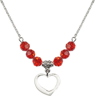 18" Rhodium Plated Necklace with 4mm Ruby Crystal Beads featuring a Sterling Silver Heart Medal.