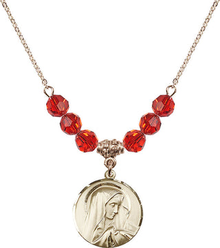 18" Hamilton Gold Plated Necklace with 4mm Ruby Crystal Beads featuring a 14kt Gold Filled Sorrowful Mother Medal.