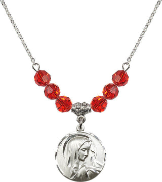 18" Rhodium Plated Necklace with 4mm Ruby Crystal Beads featuring a Sterling Silver Sorrowful Mother Medal.