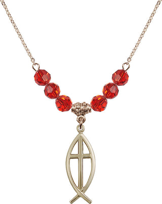 18" Hamilton Gold Plated Necklace with 4mm Ruby Crystal Beads featuring a 14kt Gold Filled Fish / Cross Medal.