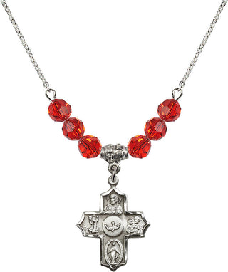 18" Rhodium Plated Necklace with 4mm Ruby Crystal Beads featuring a Sterling Silver 5-Way Medal.