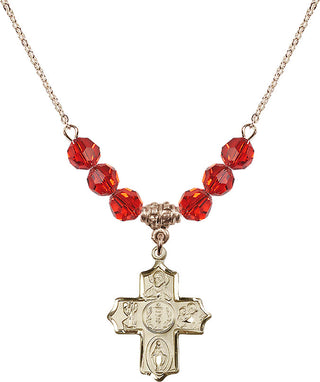 18" Hamilton Gold Plated Necklace with 4mm Ruby Crystal Beads featuring a 14kt Gold Filled 4-Way Medal.