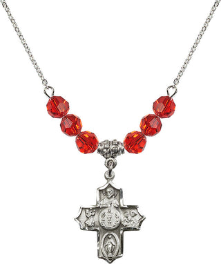 18" Rhodium Plated Necklace with 4mm Ruby Crystal Beads featuring a Sterling Silver 4-Way Medal.