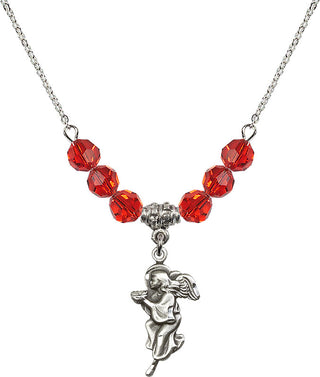 18" Rhodium Plated Necklace with 4mm Ruby Crystal Beads featuring a Sterling Silver Guardian Angel Medal.