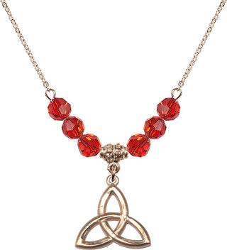 18" Hamilton Gold Plated Necklace with 4mm Ruby Crystal Beads featuring a 14kt Gold Filled Trinity Irish Knot Medal.