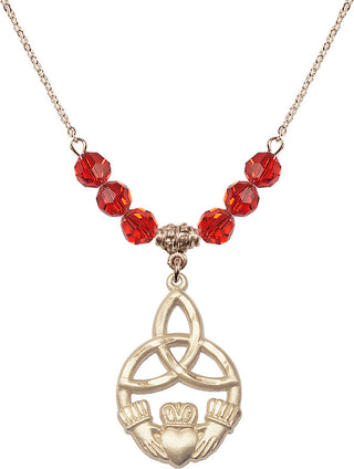 18" Hamilton Gold Plated Necklace with 4mm Ruby Crystal Beads featuring a 14kt Gold Filled Irish Knot / Claddagh Medal.