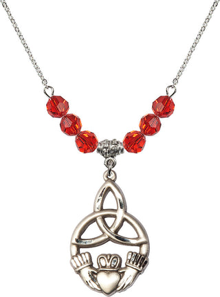 18" Rhodium Plated Necklace with 4mm Ruby Crystal Beads featuring a Sterling Silver Irish Knot / Claddagh Medal.