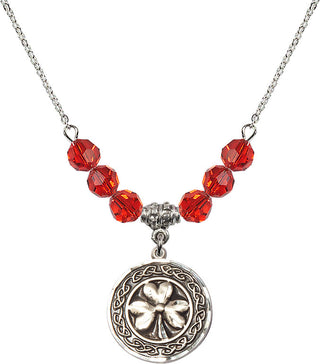 18" Rhodium Plated Necklace with 4mm Ruby Crystal Beads featuring a Sterling Silver Shamrock with Celtic Border Medal.