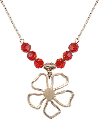 18" Hamilton Gold Plated Necklace with 4mm Ruby Crystal Beads featuring a 14kt Gold Filled Five Pedal Flower Medal.