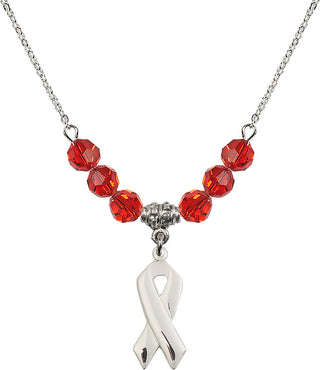 18" Rhodium Plated Necklace with 4mm Ruby Crystal Beads featuring a Sterling Silver Cancer Awareness Medal.