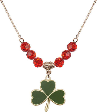 18" Hamilton Gold Plated Necklace with 4mm Ruby Crystal Beads featuring a 14kt Gold Filled Shamrock Medal.