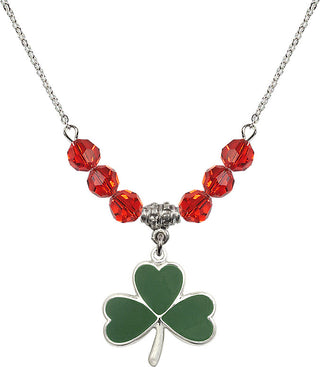 18" Rhodium Plated Necklace with 4mm Ruby Crystal Beads featuring a Sterling Silver Shamrock Medal.