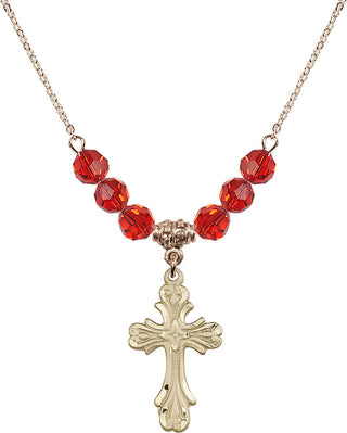 18" Hamilton Gold Plated Necklace with 4mm Ruby Crystal Beads featuring a 14kt Gold Filled Cross Medal.