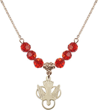 18" Hamilton Gold Plated Necklace with 4mm Ruby Crystal Beads featuring a 14kt Gold Filled Holy Spirit Medal.