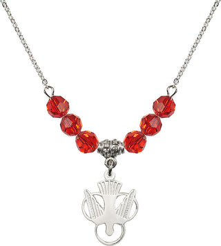 18" Rhodium Plated Necklace with 4mm Ruby Crystal Beads featuring a Sterling Silver Holy Spirit Medal.