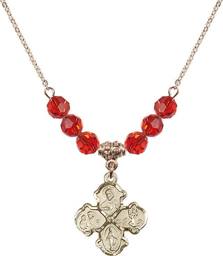 18" Hamilton Gold Plated Necklace with 4mm Ruby Crystal Beads featuring a 14kt Gold Filled 4-Way Medal.