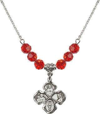 18" Rhodium Plated Necklace with 4mm Ruby Crystal Beads featuring a Sterling Silver 4-Way Medal.