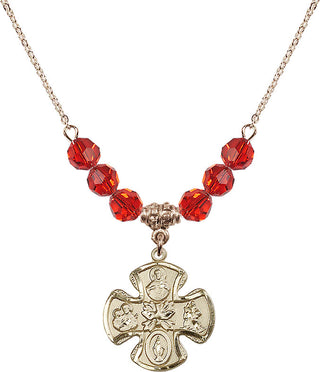 18" Hamilton Gold Plated Necklace with 4mm Ruby Crystal Beads featuring a 14kt Gold Filled 5-Way Medal.