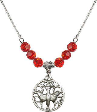 18" Rhodium Plated Necklace with 4mm Ruby Crystal Beads featuring a Sterling Silver Holy Spirit Medal.