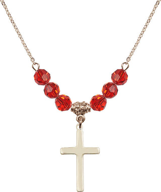 18" Hamilton Gold Plated Necklace with 4mm Ruby Crystal Beads featuring a 14kt Gold Filled Cross Medal.