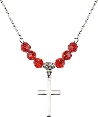 18" Rhodium Plated Necklace with 4mm Ruby Crystal Beads featuring a Sterling Silver Cross Medal.