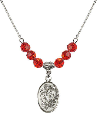 18" Rhodium Plated Necklace with 4mm Ruby Crystal Beads featuring a Sterling Silver Miraculous Medal.