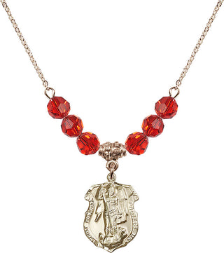 18" Hamilton Gold Plated Necklace with 4mm Ruby Crystal Beads featuring a 14kt Gold Filled Saint Michael the Archangel Medal. Engraved Catholic Saint Jewelry