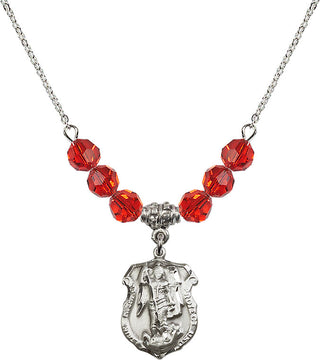 18" Rhodium Plated Necklace with 4mm Ruby Crystal Beads featuring a Sterling Silver Saint Michael the Archangel Medal. Engraved Catholic Saint Jewelry