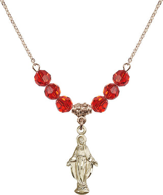 18" Hamilton Gold Plated Necklace with 4mm Ruby Crystal Beads featuring a 14kt Gold Filled Miraculous Medal.